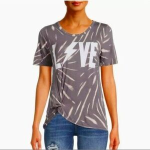 NWT new No Boundaries grey / cream Love Tee Shirt thunderbolt large women’s knot